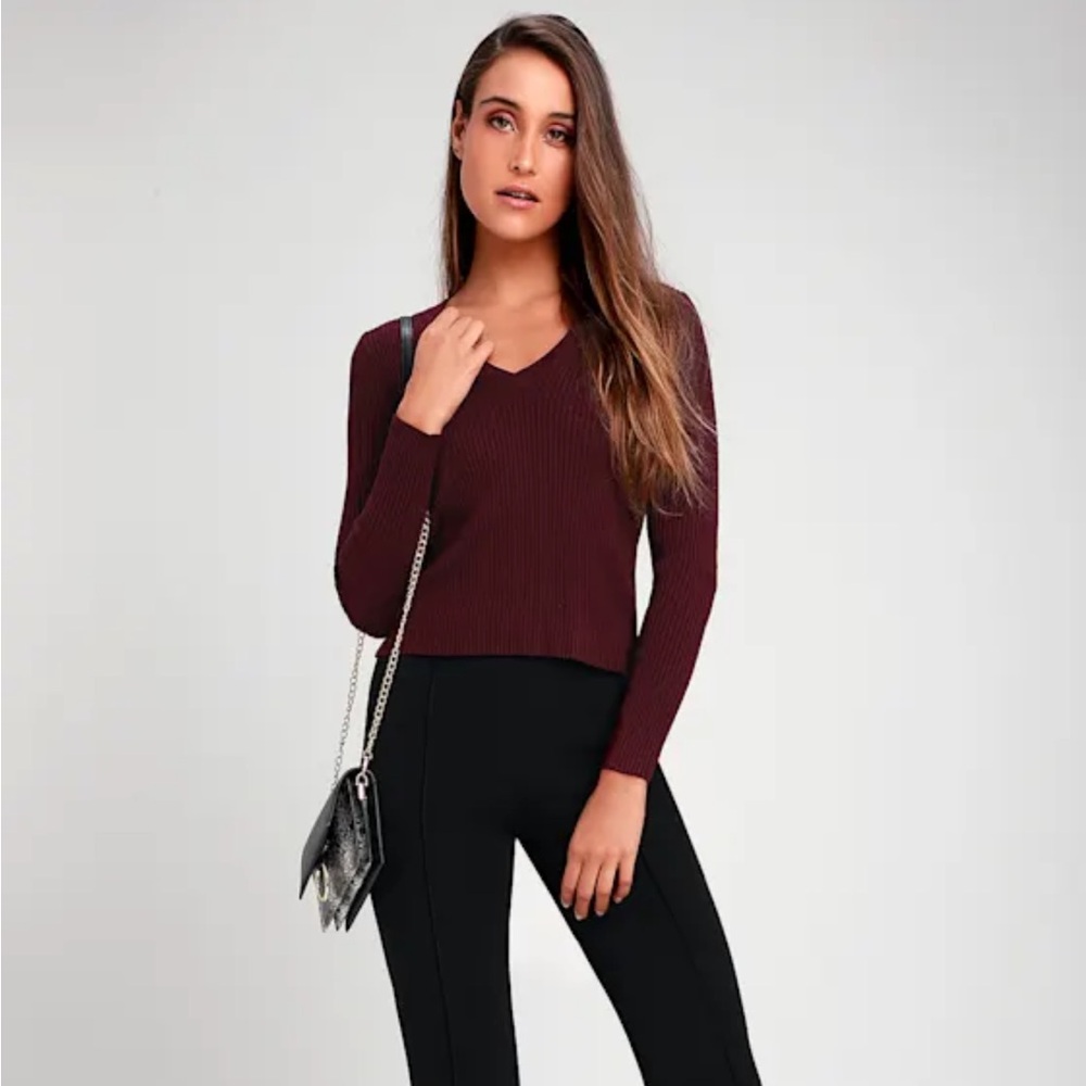 Lulus Burgundy V-Neck Ribbed Sweater